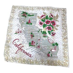 California Map Landmarks Handkerchief 16" Rayon & Silk Hand Rolled Made In Japan